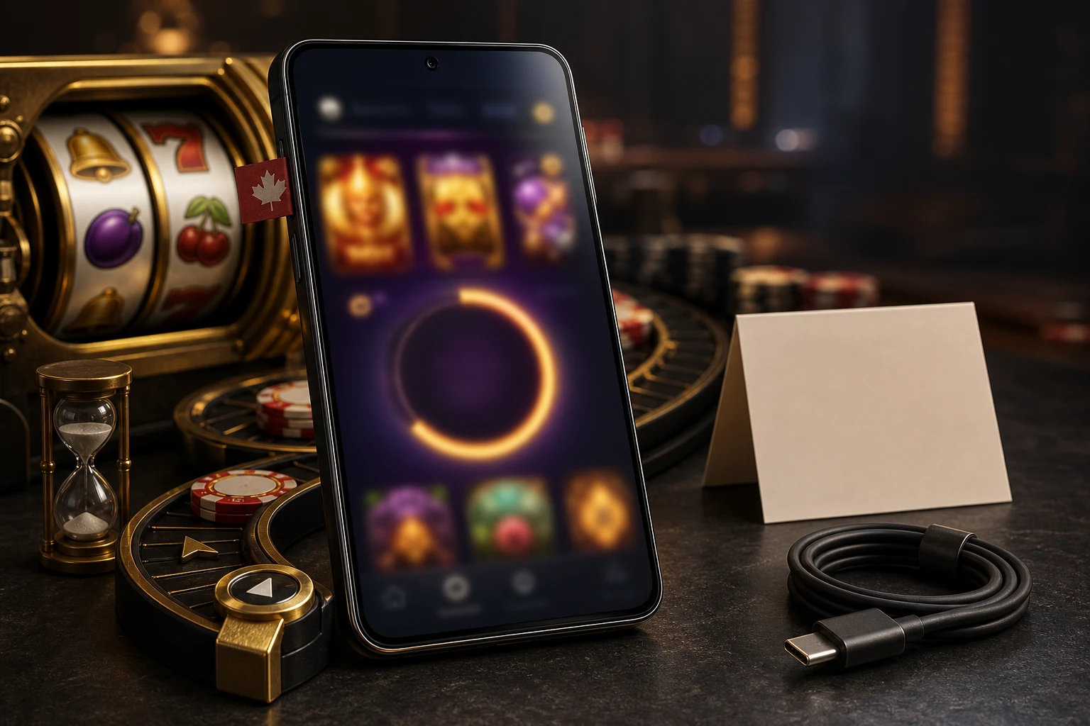 Smartphone beside a slot machine and casino chips, illustrating mobile promo claim and play for Limitless Casino